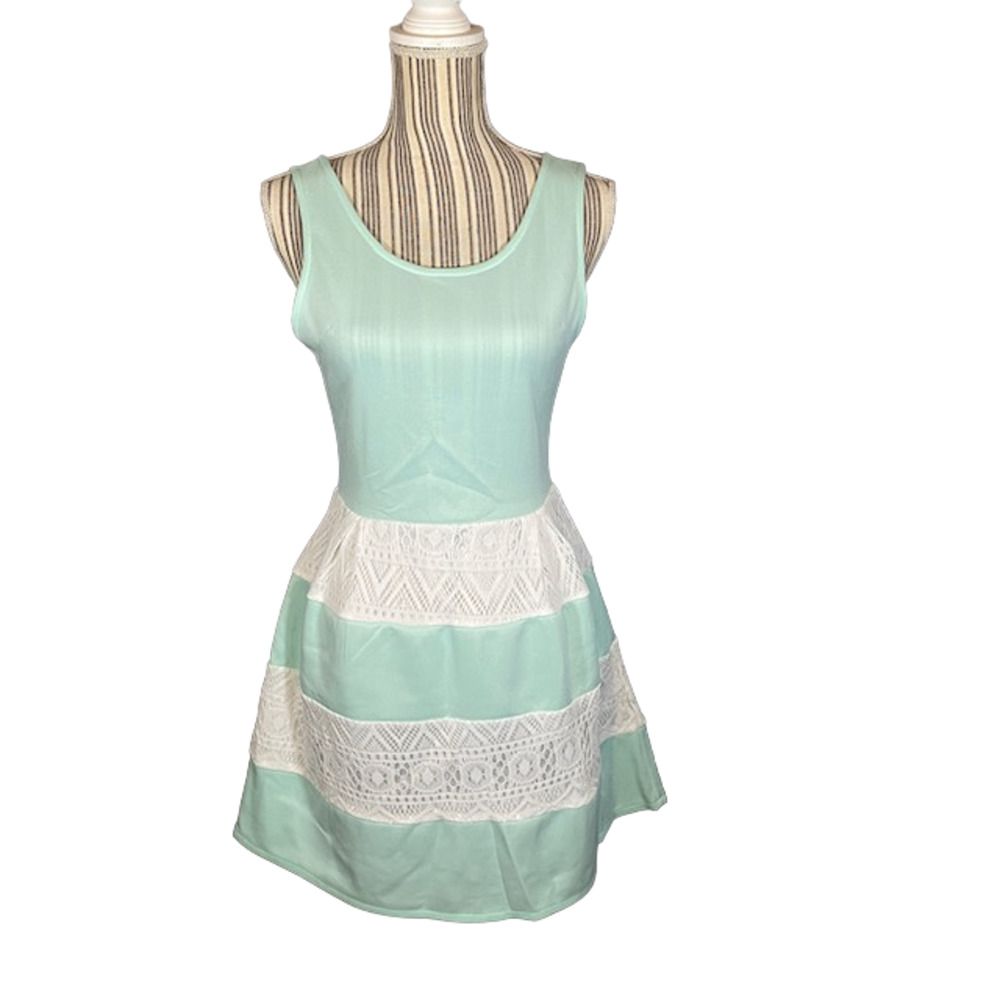 Day & Night Women’s Baby Blue White Lace Appliqué Sleeveless Sheath Dress Sz Med